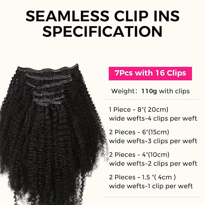 Lashey Clip in Hair Extensions 20 Inch 110g 7pcs Seamless Clip in Hair Extensions Human Hair Afro Kinky Curly Clip Ins for Women, #1B Natural Black 4C