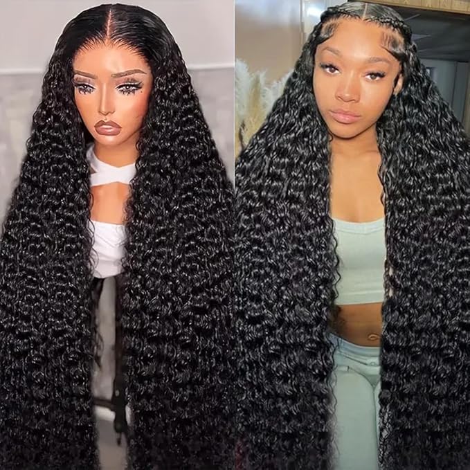 34 Inch Deep Wave Lace Front Wigs Human Hair 13x6 HD Lace Frontal Wigs for Women 200% Density Deep Curly Human Hair Wigs Pre Plucked with Baby Hair Glueless Wigs Natural Color