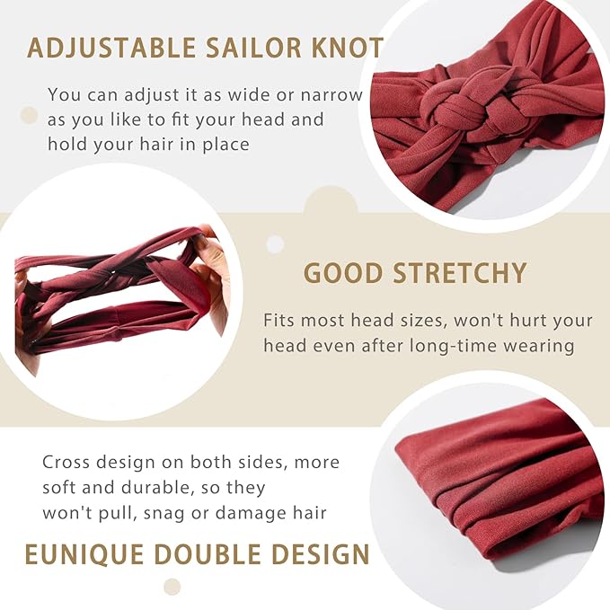 Vercret Headbands for Women Sailor Knot Headband Wide Elastic Adjustable Double Braided Hair Bands Non Slip for Girls Boho Stretchy Turban Headwrap Yoga Workout,Solid Color, 6Pcs
