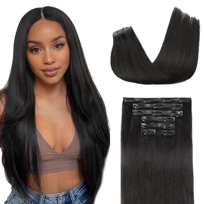 Lashey Seamless Clip in Hair Extensions Human Hair 130g 7pcs Straight Thick Remy Human Clip in Hair Extensions with Full End 24 Inch Natural Black