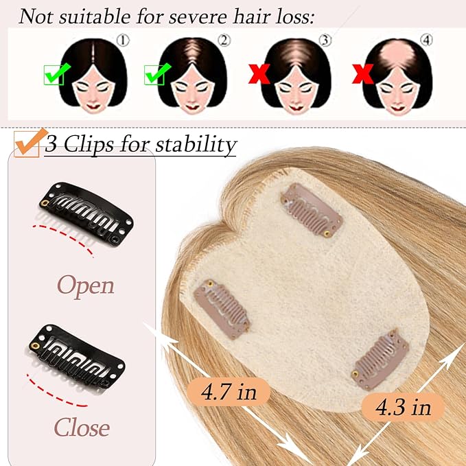 Human Hair Toppers for Women with Thinning Hair Real Human Topper Crown No Bangs 10 Inch #12P613 Golden Brown mix Bleach Blonde