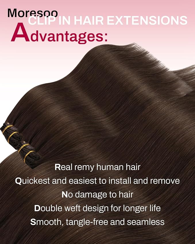 Moresoo Brown Clip in Hair Extensions Remy Double Weft Human Hair Clip in Extensions Straight Hair Extensions for Women Medium Brown #4 5pcs 80g 12inch