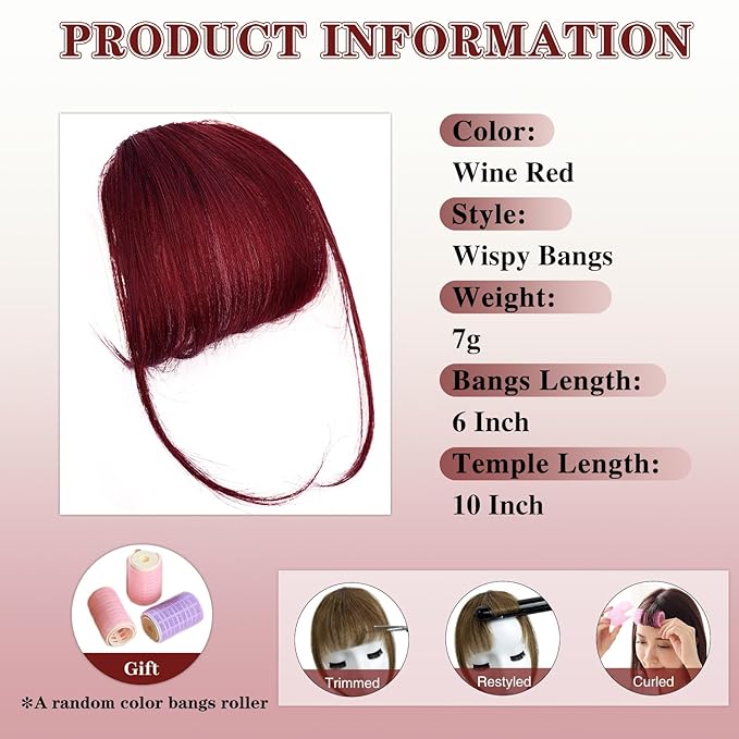NAYOO Clip in Bangs - 100% Human Hair Wispy Bangs Clip in Hair Extensions, Red Air Bangs Fringe with Temples Hairpieces for Women Curved Bangs for Daily Wear