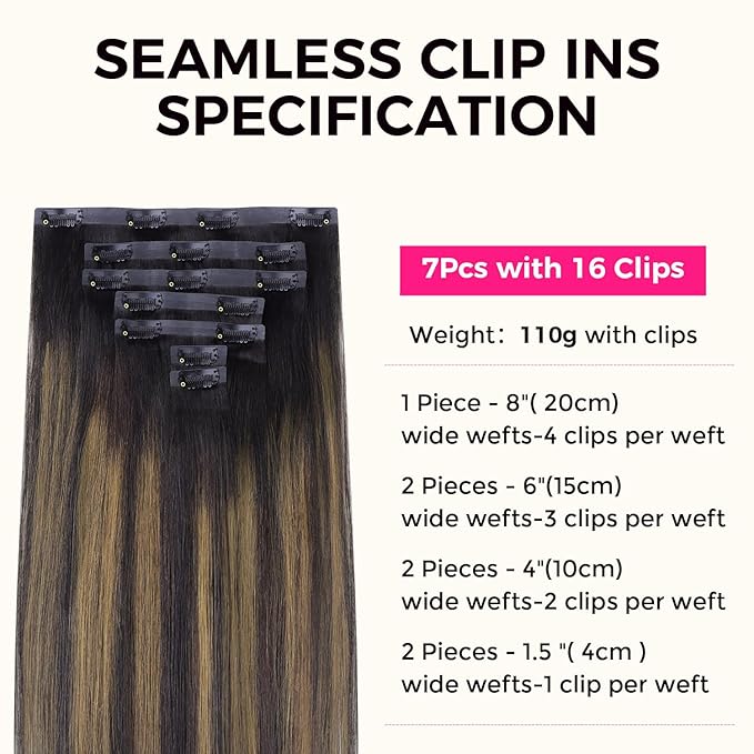 Lashey Seamless Hair Extensions Clip ins Staright 110g Natural Black Mixed Chestnut Brown 20 Inch 7pcs PU Weft Clip in Hair Extensions Real Human Hair with Invisi Edge for Black Women