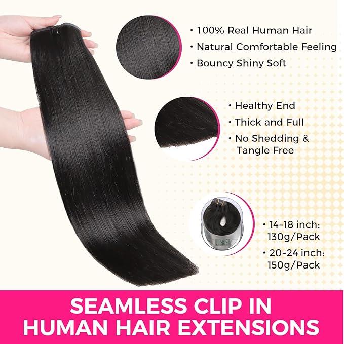 Lashey Seamless Clip in Hair Extensions Human Hair 9pcs 130g Natural Black Light Yaki Straight Clip in Hair Extensions Real Human Hair 16 Inch Soft
