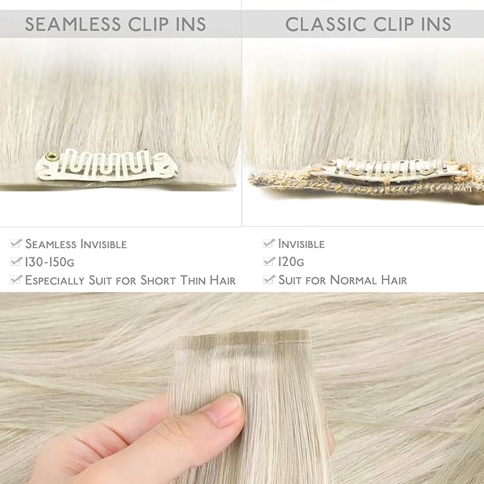 WENNALIFE Seamless Clip In Hair Extensions, 22 Inch 7pcs 150g Ash Blonde Highlighted Platinum Blonde Human Hair Extensions, Invisible PU Weft