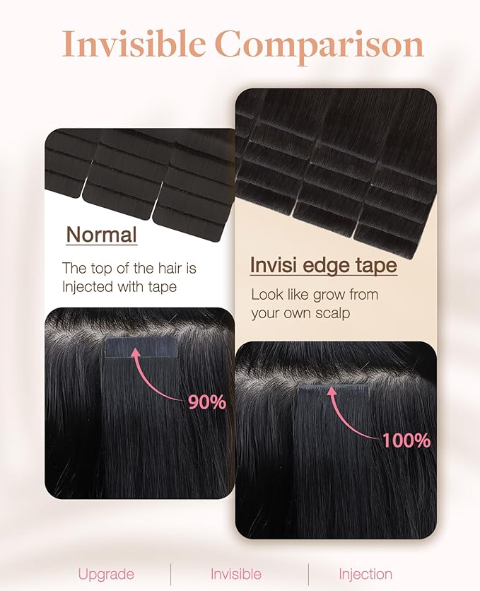 GOO GOO Invisi Edge Tape in Hair Extensions Human Hair, 2A Light Brown 10pcs injected with 10pcs classical tape ins, 20inch 50g, Virgin Remy Hair, Natural Look