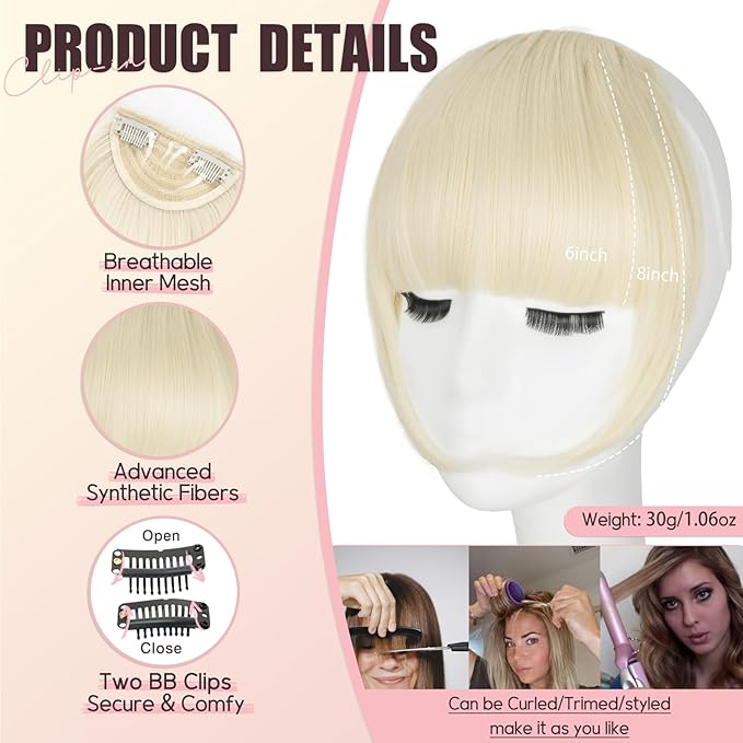 Clip in Bangs, Synthetic French Bangs Hair Clip, Bleach Blonde Fake Bangs Fringe with Temples Hairpieces for Women Natural Curved Hair Extensions for Daily Wear