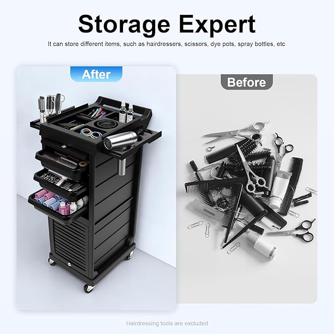 Salon Trolley Cart, 7 Layer Hair Salon Storage Cabinet Barber Organizer Tool, Portable Utility Beauty Barber Cart, Black Lockable Storage Cabinet Barber Station for Hair Stylist Hairdresser