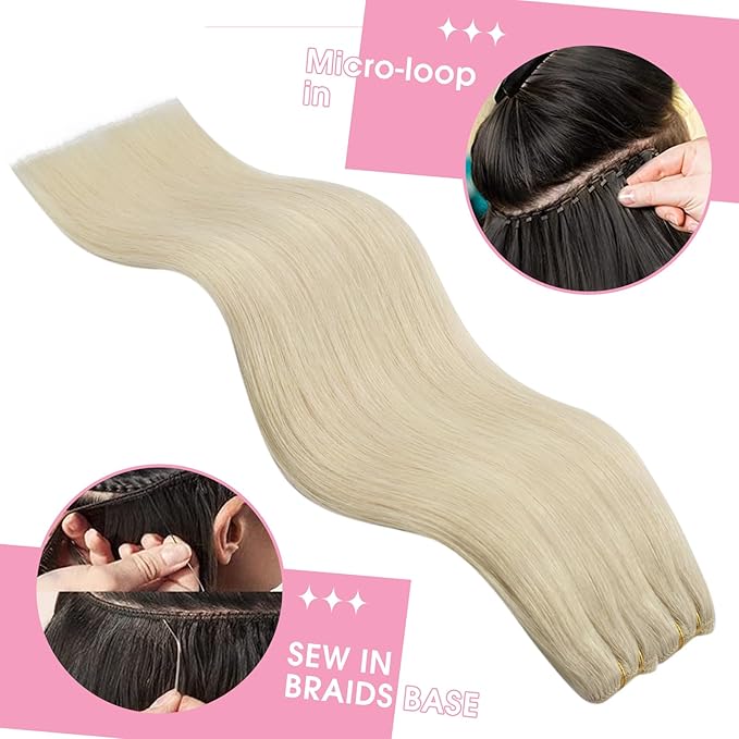YoungSee Blonde Hair Extensions Weft Platinum Blonde Hand Tied Weft Hair Extensions Human Hair Dyable Sew in Hair Extensions Real Human Hair 16in 100g