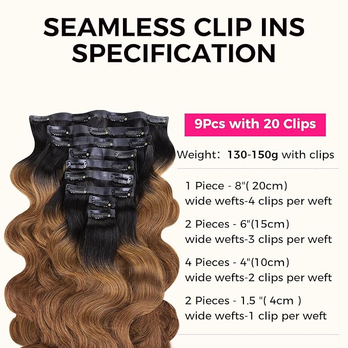 Lashey Seamless Clip in Hair Extensions Human Hair 150g 9pcs 22 Inch Body Wave Ombre Natural Black to Medium Auburn Clip in Hair Extensions for Women Real Human Hair Extensions