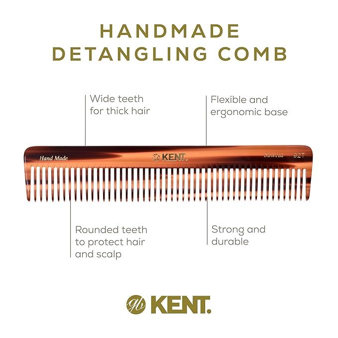 Kent 92T Tortoise Wide Tooth Detangler Combs for Men and Women, Hair Comb for Curly and Wavy Hair and Wet or Dry, Large Wide Tooth Dressing Comb, Handmade, Saw-Cut, Hand polished, Made in England