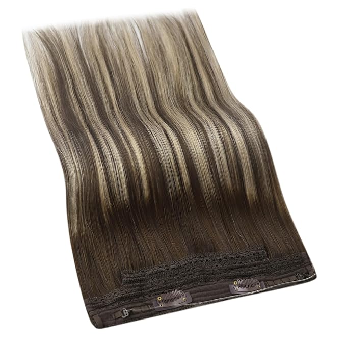 YoungSee Human Hair Wire Extensions Balayage Hair Extensions Wire Ombre Dark Brown with Ash Blonde One Piece Hair Extensions Real Human Hair for Natural Look 18Inch 80G