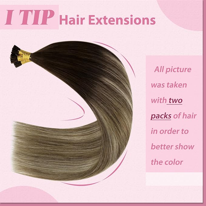 YoungSee I Tip Hair Extensions Dark Brown Ombre Blonde Itip Human Hair Extensions Balayage I Tip Extension Human Hair Pre Bonded Hair Extension Easy to Apply 22 Inch 50g 50s