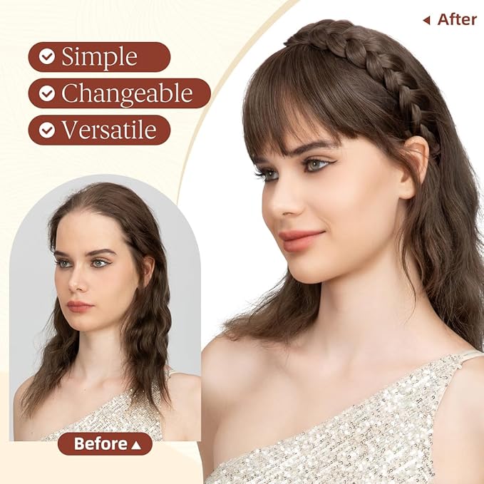 SARLA Braided Headband with 3 Detachable Clip in Bangs Fringe Hairpieces Fake Synthetic Hair Band Bangs for Women Grey Multi