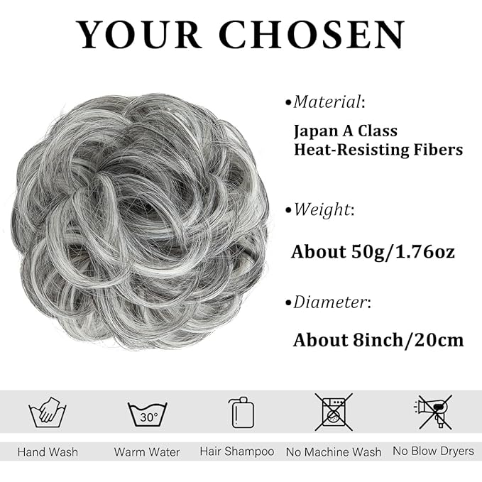CJL HAIR Large Messy Bun Hair Piece Wavy Curly Scrunchies Synthetic Chignon Ponytail Hair Extensions Thick Updo Hairpieces for Women Dark Grey