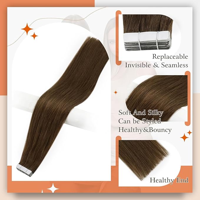 Full Shine Tape in Human Hair Extensions Color 4 Medium Brown Hair Extensions Real Human Hair 22Inch Long Invisible Skin Weft 100G 40Pcs Soft Straight Extension Add Length