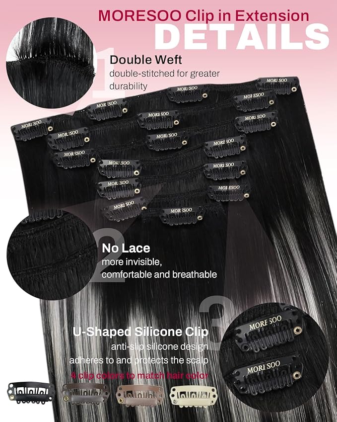 Moresoo Human Hair Clip in Extensions Balayage Black with Silver Double Weft Clip in Human Hair Extensions Balayage Black to Silver Grey Hair Extensions Clip ins Full Head 7pcs 120g 20inch