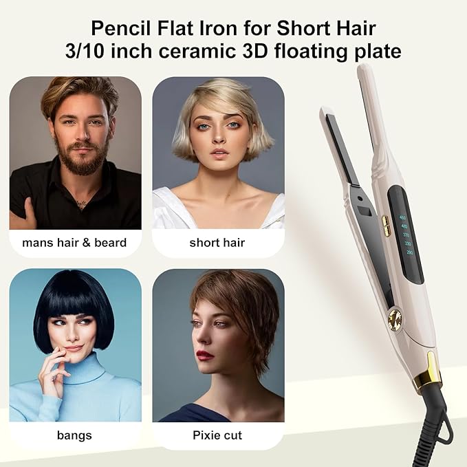 Mini Flat Iron 3/10'' Small Flat Irons for Short Hair,Pixie Cut & Bangs,Tiny Hair Straightener for Edge with LED Display,Travel Thin Hair Straightener with Dual Voltage,Auto Shut Off（Khaki）