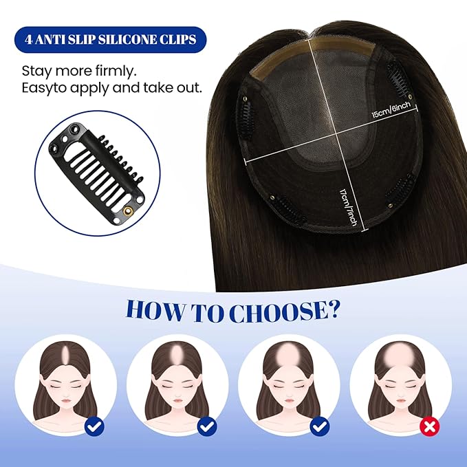 WORLDSTAR Human Hair Toppers for Women Real Human Hair No Bangs 360°3D Coverage Hairpieces Hand-stitched,6 * 7 Inch Base 16Inch #2 Dark Brown,75g with Thinning Hair Upgrade Lace Base (tp#2-16)