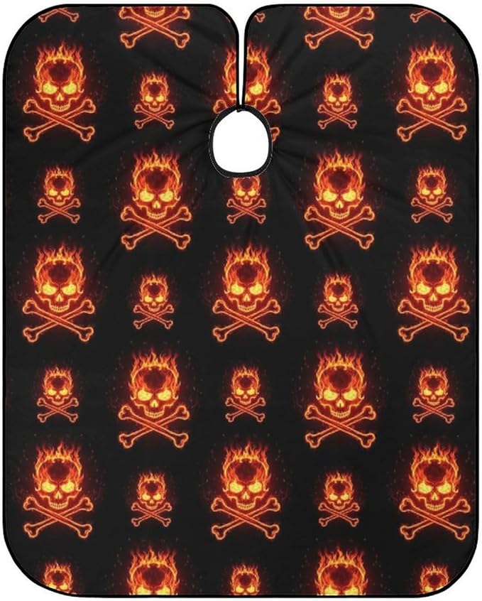 Men Fire Flaming Skulls Crossbones Salon Gown Cape, Full Coverage Haircut Hairdressing Cloth Apron for Hairstylists, Barber Aceessories