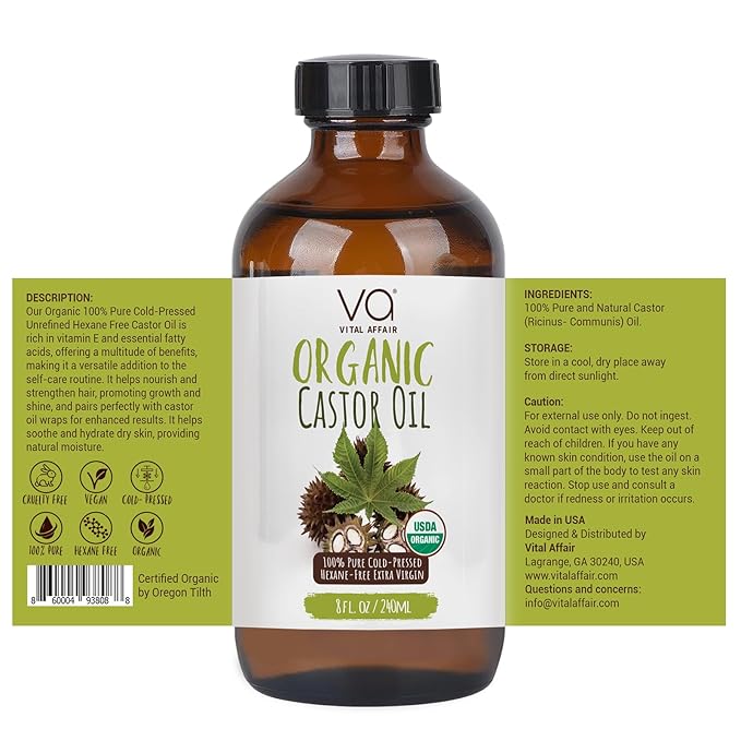 VITAL AFFAIR Castor Oil Organic Cold Pressed Unrefined Glass Bottle - USDA Certified Castor Oil For Hair Growth, Skin, Eyelashes, Eyebrows & Nails - 8 Fl Oz