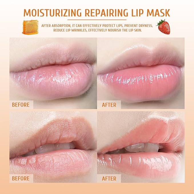 4Pcs Honey Strawberry Lip Balm Honey Pot, Strawberry Lip Sleeping Mask, Overnight Lip Sleeping Mask, Honey Balm Lip Balm Pot, Honey Lip Mask Nourish Lip Scrubs Exfoliator Honey/Strawberry