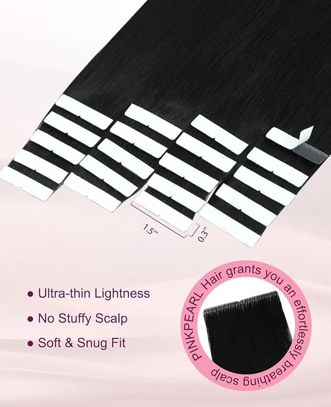 Pinkpearl Invisible Tape in Hair Extensions Human Hair, 20pcs 18inch 50g #1 Jet Black Injection Tape in Extensions Real Remy Straight Seamless Silky Human Hair Injected