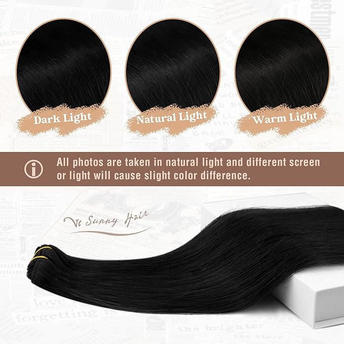 Ve Sunny Clip in Human Hair Extensions Black Clip in Hair Extensions Double Weft Clip ins Real Hair Extensions for Women 20 Inch 7Pcs 120g