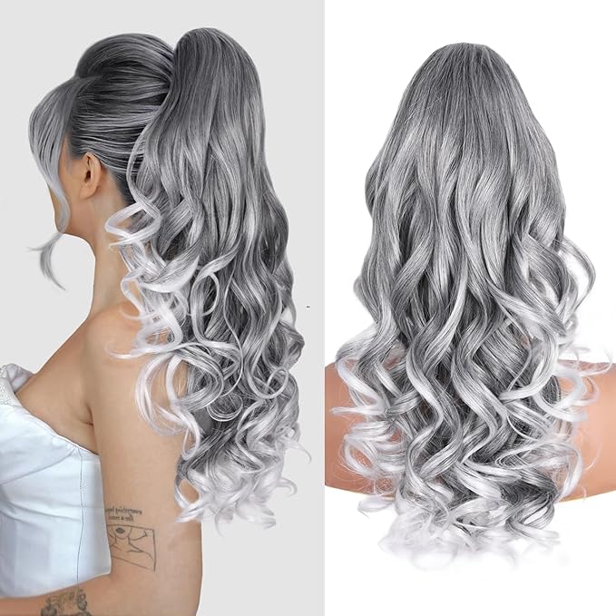24 Inch Ponytail Extension, Layered Ponytail Extensions for Women, Soft Wavy Claw Clip in Ponytail Extension, Natural Synthetic Hair Pieces for Women (Color: Salt and Pepper)
