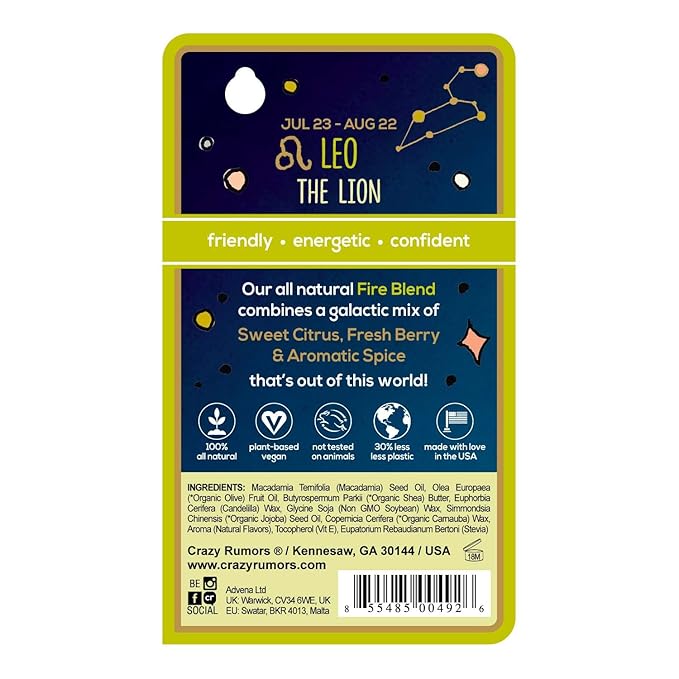 Crazy Rumors Leo Zodiac All Natural, Plant Based Lip Balm to Moisturize and Nourish your Lips - Fire Blend (Sweet Orange, Fresh Berry, Aromatic Spice)