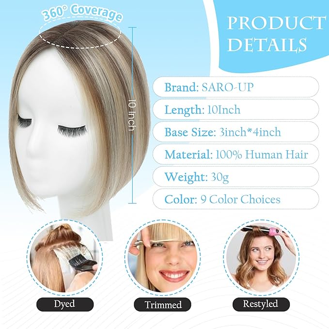 SARO-UP Hair Toppers for Women Real Human Hair Toppers for Women with Thinning Hair pieces with No Bangs 3 * 4Inch Hand-Tied Invisible Upgrade Swiss Base 10Inch Topper (2T613#)