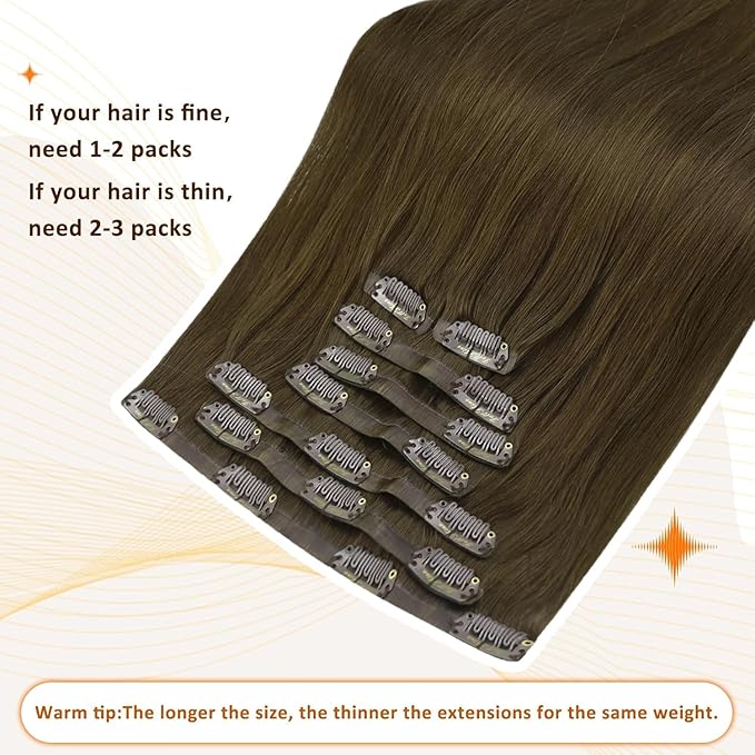 Full Shine Real Hair Extensions Clip in Human Hair Brown Seamless Hair Extensions Clip in Natural Brown Straight PU Weft for Short Hair 12 Inch 95 Grams 8 PCS