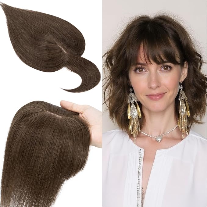SEGO 100% Real Human Hair Toppers, with Air Bangs, Silk Base 150% Density, Clip in Topper, 2.7”x5.1”, HairPieces for Women, with Thinning/Hair Loss Cover Gray