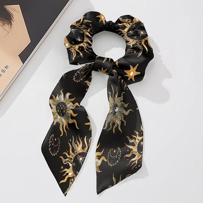Colorful Star Sun Satin Hair Ties for Thick Curly Hair Black Elastic Hair Ties Knotted Ribbon Lightweight Scarf Scrunchies with Knot Pack of 2