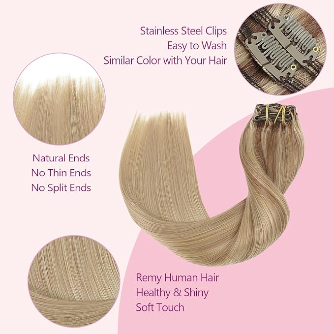 PINKPEARL Clip in Hair Extensions Real Human Hair #10/16/16 Golden Brown to Caramel Blonde Human Hair Clip in Hair Extensions 7pcs 120g 22inch Human Hair Extensios Clip ins(#10/16/16-22)