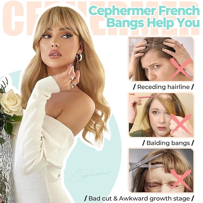Clip in Bangs, Synthetic French Bangs Hair Clip, Fake Bangs Fringe with Temples Hairpieces for Women Natural Curved Hair Extensions for Daily Wear Medium Brown