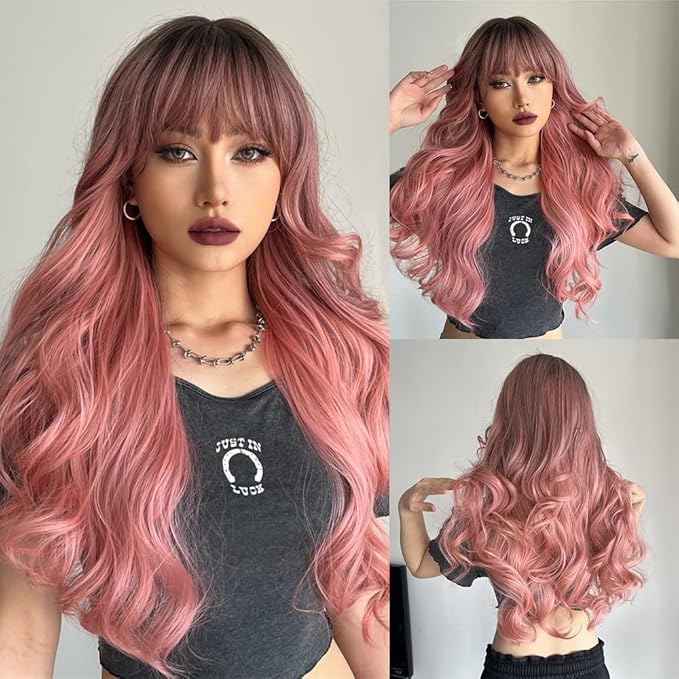 EMMOR Long Ombre Pink Wig for Women - Natural Curly Hair Synthetic Wigs With Bang Dark Root, Party Cosplay Daily Use (2pcs Free Wig Cap)