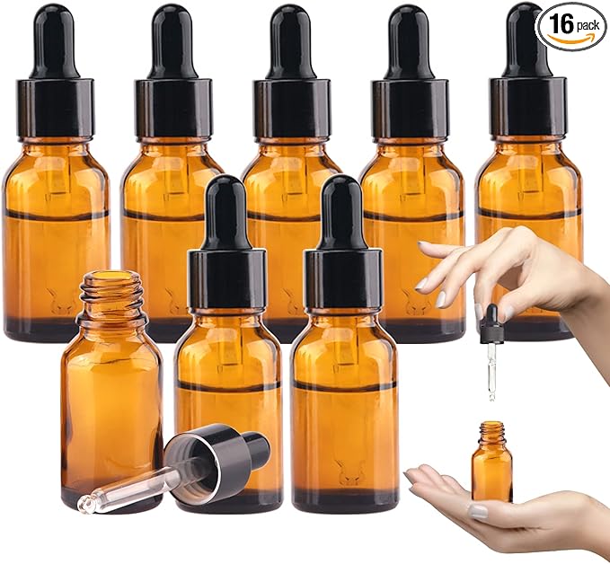 1/2 Oz Glass Dropper Bottle, 15mL Tincture Bottles with Dropper, Labels- Leak Proof Travel Eye Dropper Bottle Amber for Extracts & Essential Oil, Liquids, Perfume(16 pieces)