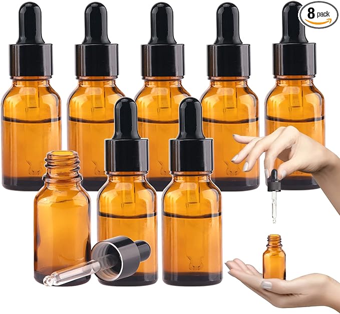 1/2 oz Glass Dropper Bottle, 15ml Amber Tincture Bottle with Dropper, Label, Leak-Proof Travel Dropper Bottles for Essential Oils, Fragrances and Concentrated Tincture Extracts (8 Pcs)