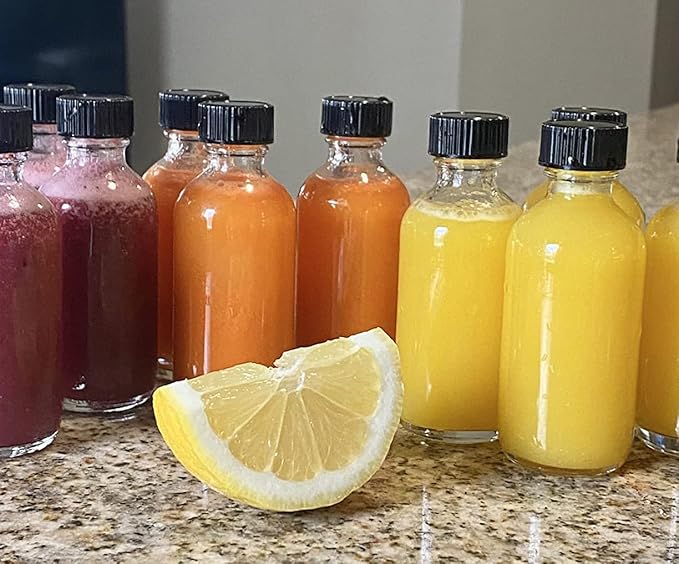DIDITIME 6 Pack 2 oz Shot Bottles with Caps & Stainless Steel Funnels, Juicing Bottle Reusable Glass, Mini Travel Bottles, 60ml Small Jars with Lids for Potion, Ginger Shots, Oils, Juice