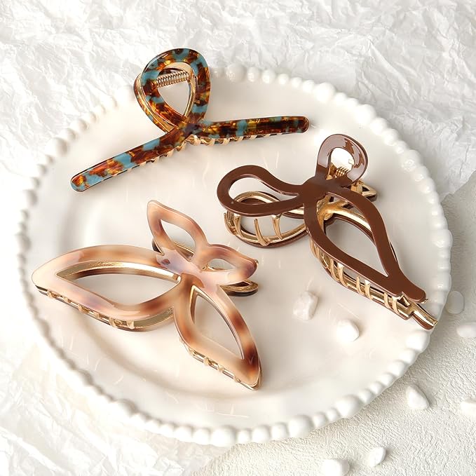 HAIMEIKANG 3 PCs Metal Acrylic Hair Bow Claw Clips - Strong Hold Non-Slip Large Gold Clips for Thick Hair