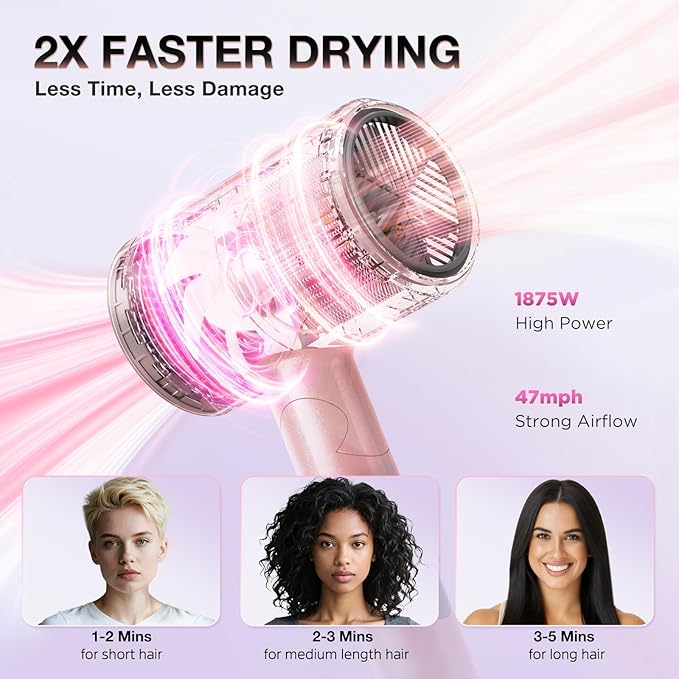 Ionic Diffuser Hair Dryer for Curly Hair, 1875W Fast Drying Blow Dryer with Diffuser and Concentrator Nozzle, Compact & Portable Negative Ion Hairdryer Blowdryer, 3 Heat 2 Speed Settings, Pink