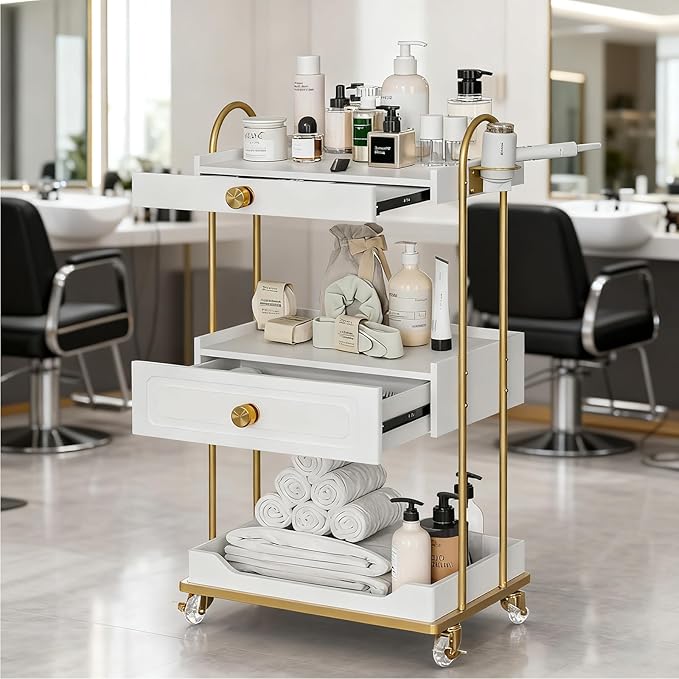 Barber Salon Trolley Cart w/Lockable Wheels, 3-Tier Rolling Beauty Cart with 2 Drawers & Dryer Holder, Mobile Beauty Trolley for Beauty Spa Barbershop(White)