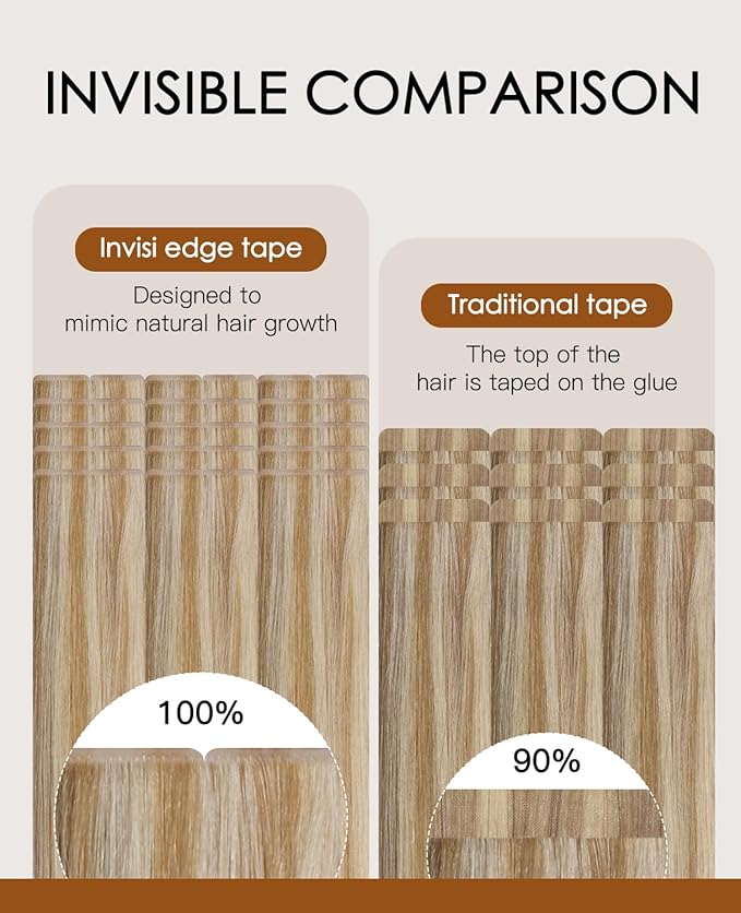 VINBAO Invisi Edge Tape in Extensions Human Hair Invisible 14in 20pcs 40g Highlighted Caramel Blonde and Platinum Blonde Injection Tape in Hair Extensions 14inch #27P60