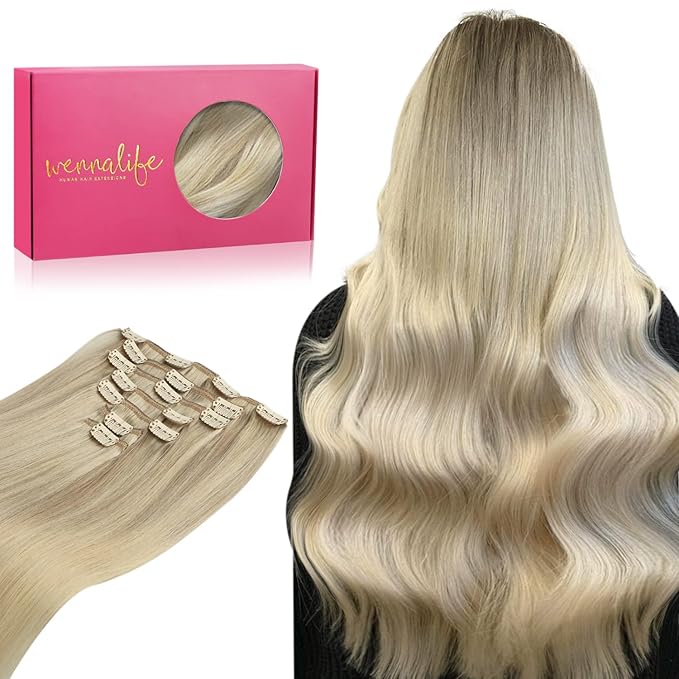 WENNALIFE Clip In Human Hair Extensions, 16 Inch 120g 7pcs Ash Blonde to Golden Blonde and Platinum Blonde Ombre Clip in Human Hair Remy Clip in Hair Extensions Real Human Hair Double Weft