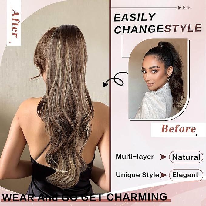 Ponytail Extension, Drawstring Ponytail Extension for Women 26 Inch Long Wavy Brown Pony Tails Hair Extensions Synthetic Clip in Ponytail Hairpiece for Women(Blonde & Medium Brown)