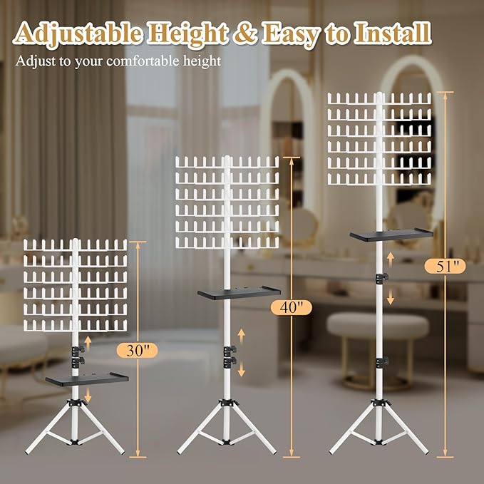 Braiding Rack with Tray, 144 Pegs Height Adjustable, 2-side Hair Extension Holder, Hair Stand with Stylist Hair Braiding Tools for Salon, Home, Travel (White)
