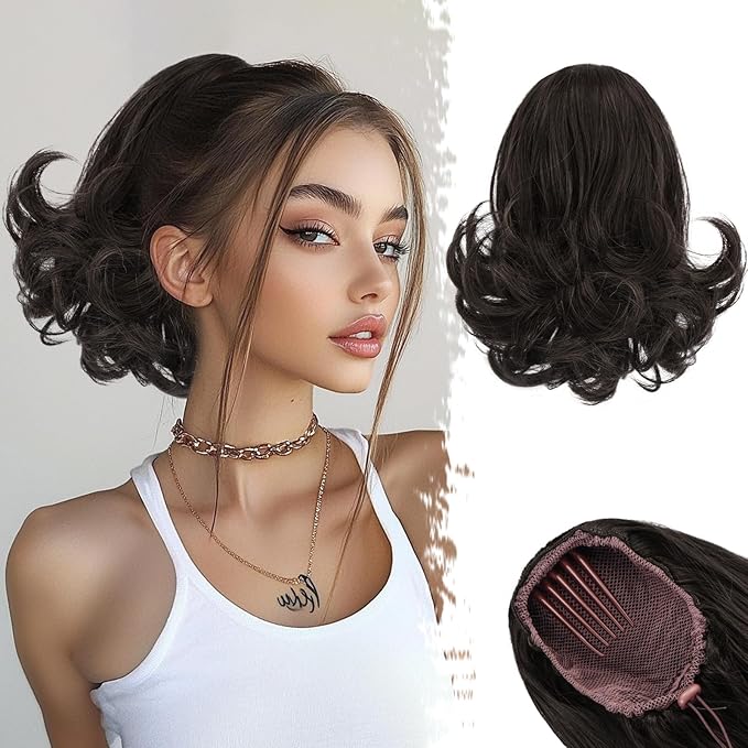 BARSDAR Dark Brown Ponytail Extension - 10 Inch Short Wavy Drawstring Ponytail Hair Extensions for Women - Synthetic Comb Clip in Ponytail Hairpieces Fake Pony Tails - Dark Brown
