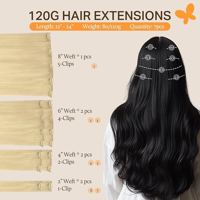 DOORES Clip in Hair Extensions Bleach Blonde 100g 7pcs 14 Inch Real Human Hair Extensions Straight Natural Remy Weft